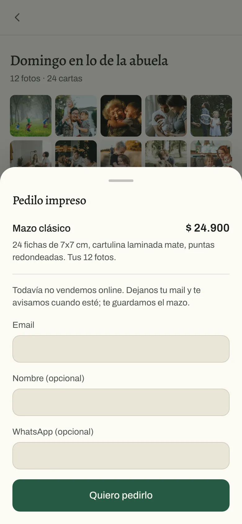 El pedido del mazo clásico impreso, con el precio y el formulario